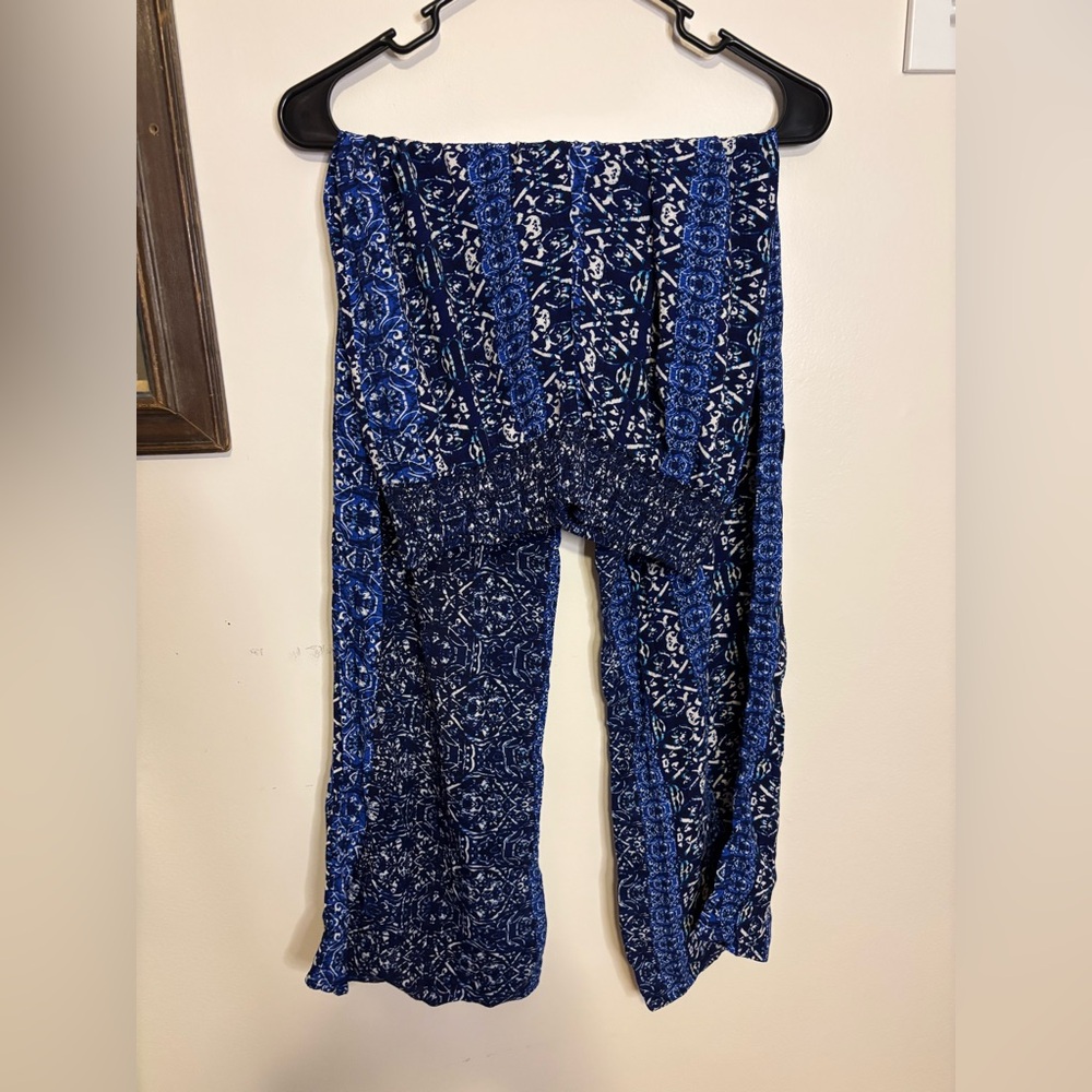 Blue Patterned flare Pants and off the shoulder crop top